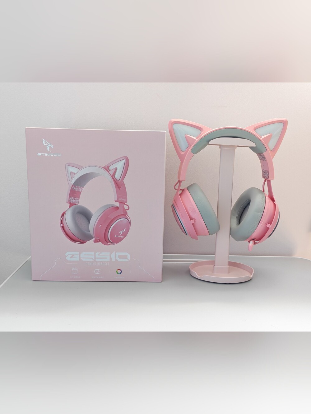Stincoo Pink Gaming Cat Ears Headset gifted with Pink Stand